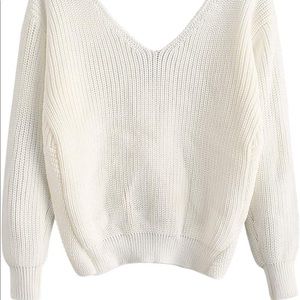 ZAFUL Women's V-Neck Criss Cross Twisted Back Sweater - White